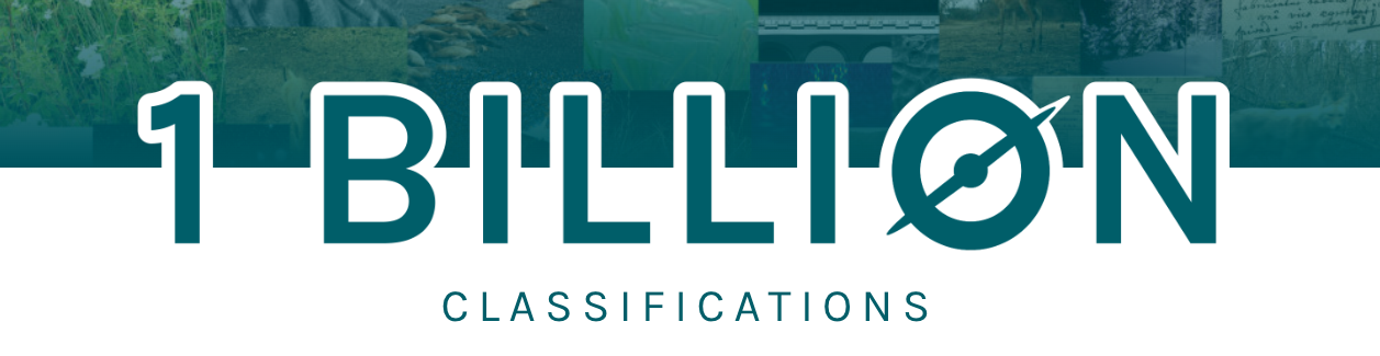 Graphic celebrating 1 billion classifications, with the words "1 BILLION CLASSIFICATIONS" displayed in large teal letters on a white background. A narrow banner of nature images spans the top, and the "O" in "BILLION" is stylized as the Zooniverse logo.