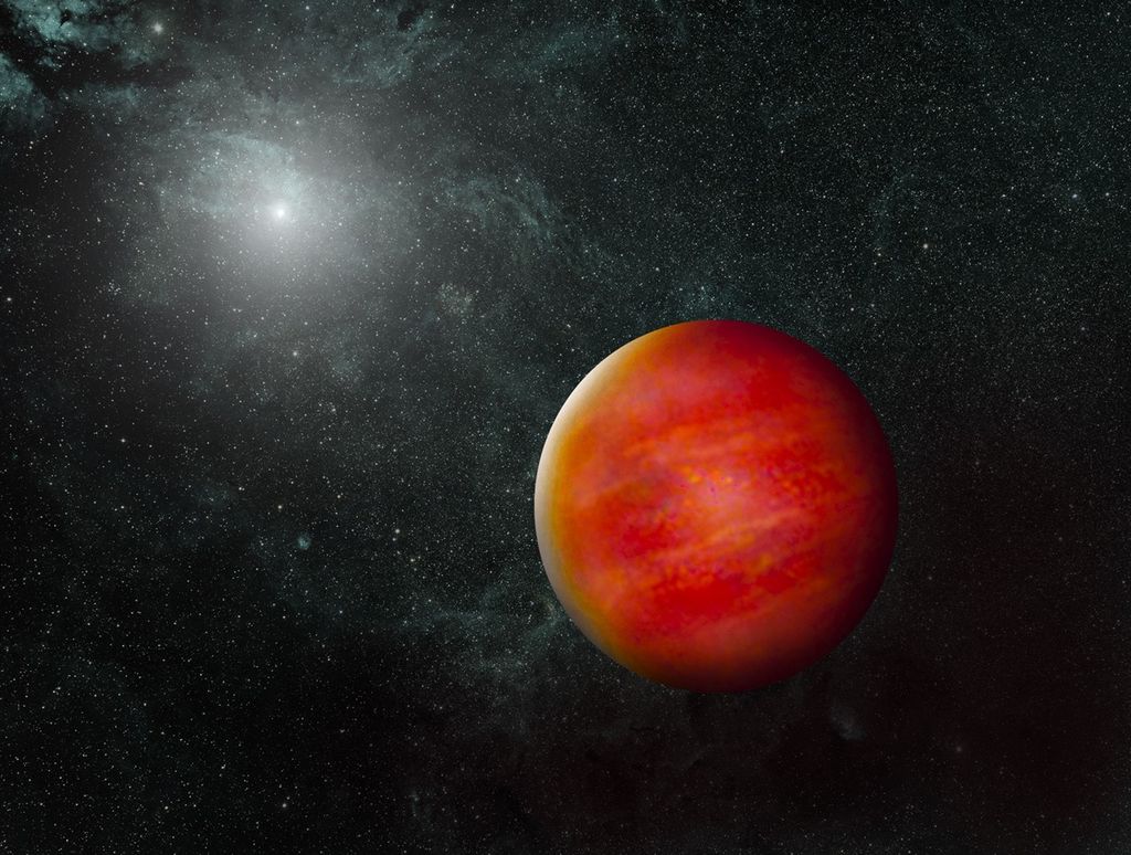 Artist’s concept of a glowing orange-red brown dwarf set against a dense star field, with a bright hazy light source in the background. Image by Backyard Worlds: Planet 9 volunteer William Pendrill.