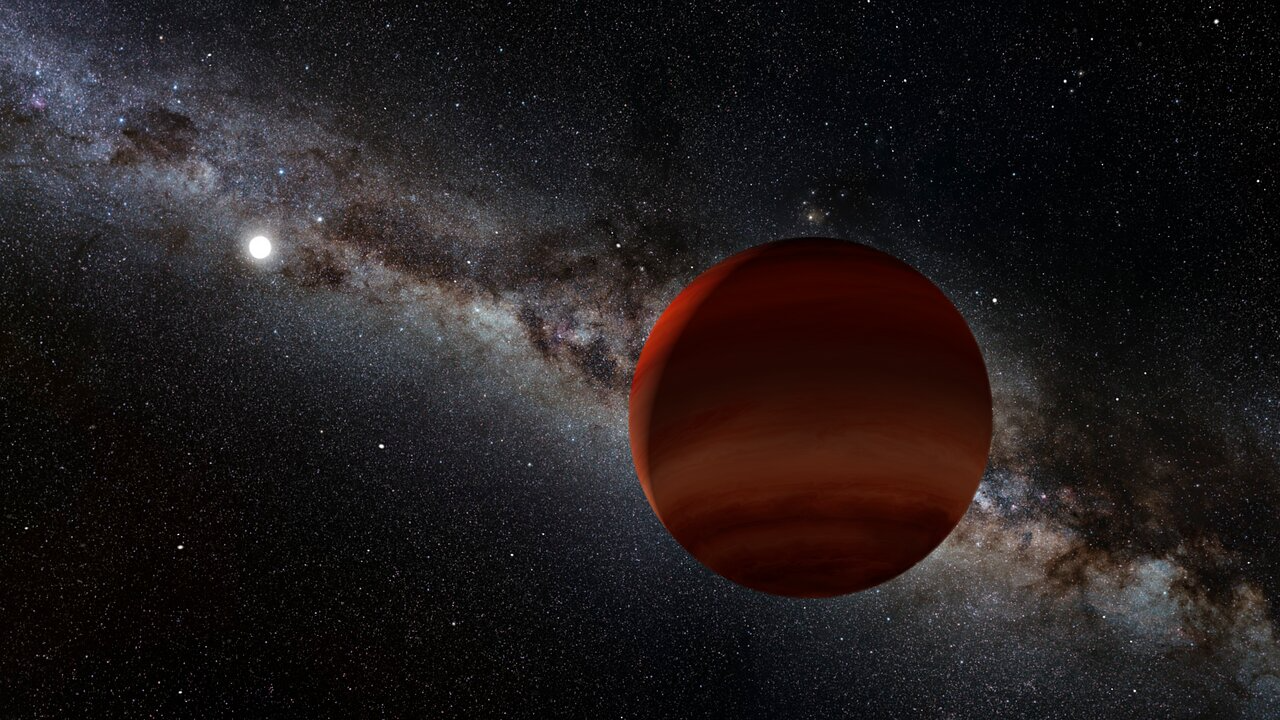 Artist’s rendering of a reddish-brown dwarf orbiting a bright white star against the backdrop of the Milky Way, with dense fields of stars stretching across the night sky.