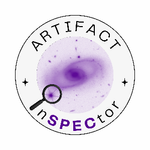 Artifact InSPECtor logo. Circular logo featuring a spiral galaxy in a patch of space, where the usual black background is rendered as white and the light from stars appears in shades of purple. A black magnifying glass overlaps the image of space, with a starburst in purple centered in its glass. Its black handle serves as the "I" in the word "nSPECtor," which curves around the bottom edge of the circle, with ‘SPEC’ highlighted in purple. The word ‘ARTIFACT’ curves across the top of the circle.