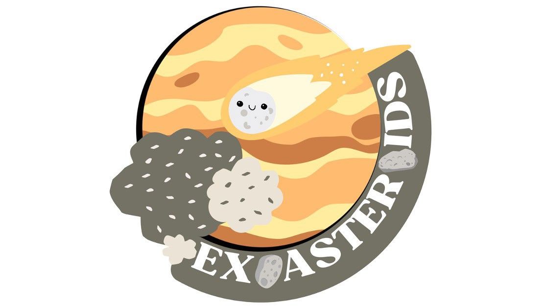A circular cartoon logo featuring a striped, orange and yellow planet in the background. In the foreground, a cute, smiling white comet with a yellow tail flies past dark grey asteroids. The text "EXOASTEROIDS" is written along a grey curved banner at the bottom.
