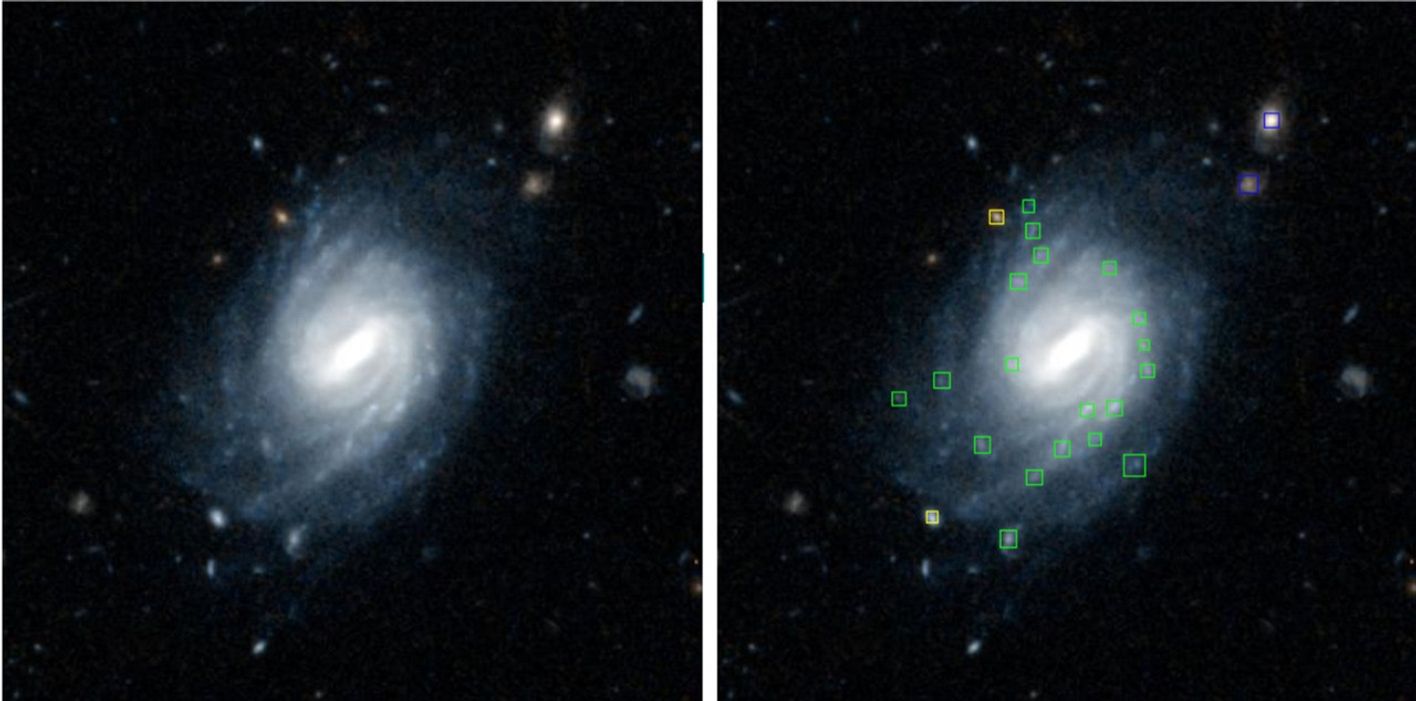 Images of a spiral galaxy with a bright central region and a swirl of discontinuous spiral arms of different brightnesses. Small green boxes have been placed on the image by an AI model to outline bright spots along the spiral arms, which are the “clumps” that are the focus of this research. Yellow boxes mark stars and blue boxes marking background galaxies.