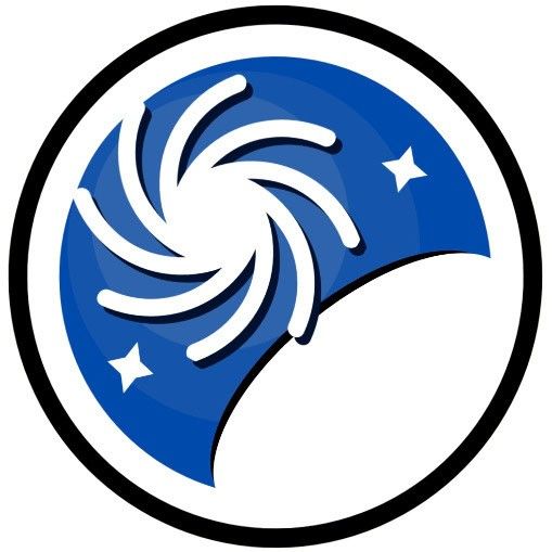 Overlap Zoo’s stylized, round logo. A white spiral galaxy stands out against a blue background with two stars. One spiral arm is overlapping the smooth side of a white elliptical galaxy in the the lower right. The whole is encircled by a white border and a thick black circle.