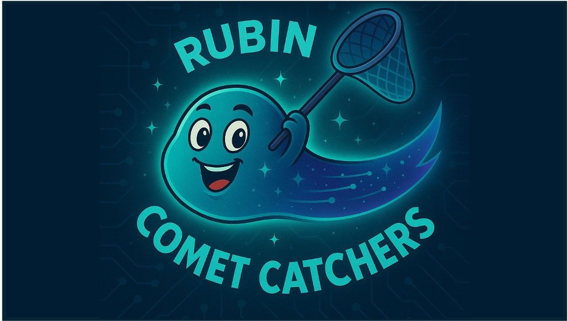 A fun logo featuring a friendly, smiling blue cartoon comet character holding a small catching net. The words "RUBIN" are arched in light blue text above the character, and "COMET CATCHERS" is arched below it. The background is a dark blue with faint stars and subtle circuit board lines.