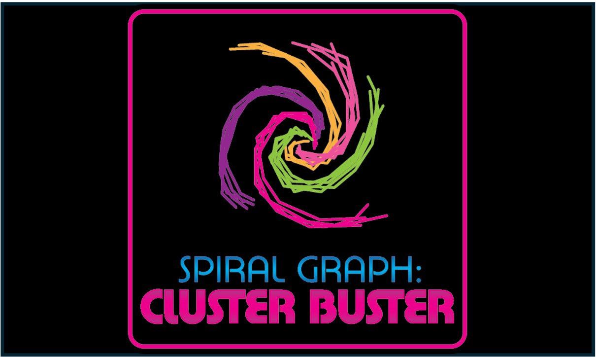 Spiral Graph: Cluster Buster logo. A stylized, five‑armed spiral is drawn on a black background with brightly colored, hand‑sketched lines—magenta, green, pink, orange, and purple—suggesting the overlapping tracings of galaxy arms. The spiral sits inside a thin magenta circle.