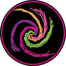 Spiral Graph: Cluster Buster logo. A stylized, five‑armed spiral is drawn on a black background with brightly colored, hand‑sketched lines—magenta, green, pink, orange, and purple—suggesting the overlapping tracings of galaxy arms. The spiral sits inside a thin magenta circle.