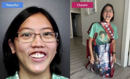 Side by side images of the same person; the image on the left is labeled "peaceful" and the image on the right "chaotic." Left image is a headshot of a smiling person with glasses and dark hair. On the right the same smiling person is wearing a paper costume with a sash.