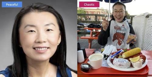 Side by side images of the same person; the image on the left is labeled "peaceful" and the image on the right "chaotic." On the left is a headshot of a smiling person with dark hair. On the right the same person is wearing a bib and sitting at a table in front of a plate of lobster, corn on the cob, and chowder.