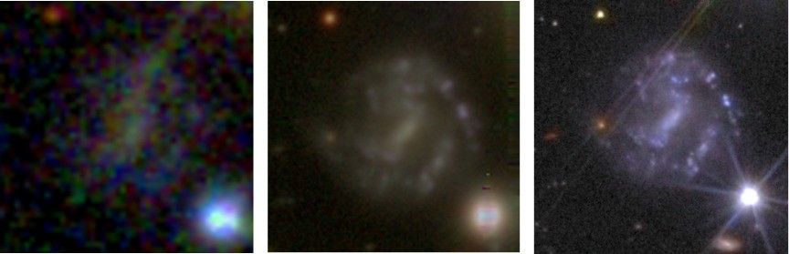 Three side‑by‑side images of the same galaxy observed by different telescopes. The left image, from the Sloan Digital Sky Survey, shows a faint, low‑resolution, fuzzy patch of light with only a hint of spiral structure. The middle image, from the Hubble Space Telescope, reveals the galaxy’s spiral shape more clearly, with a soft glow and several distinct clumps of light. The right image, from the Euclid mission, shows the sharpest detail, with bright blue clumps tracing the spiral arms.