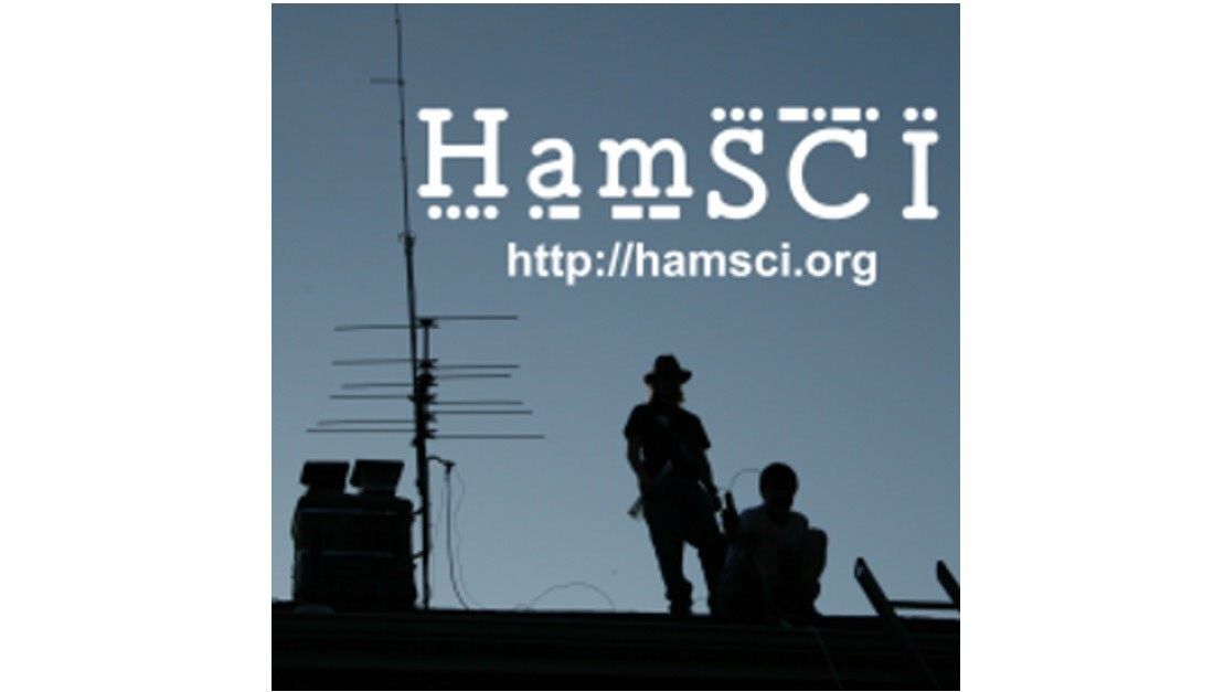 A silhouette of an antenna and two people standing on a rooftop against a dusk sky. The stylized text "HamSCI" with dots above and below the letters is displayed prominently, along with the website URL "http://hamsci.org" below it.