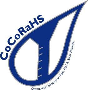 The CoCoRaHS logo. Under the arcing blue letters spelling out CoCoRaHS, a blue-outlined raindrop angles in from the upper right. Across its middle is the outline of an indexed rain gauge.