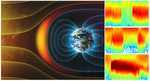 A combined image of Earth’s magnetic field and spacecraft data. On the left, a cartoon shows Earth’s magnetic field as blue lines arcing away from and then returning to the planet. The Sun’s charged particles are depicted as yellow lines running from the Sun towards Earth, then deflecting around the Earth’s magnetosphere, which is shown as an orange arc positioned between the Earth and the Sun. On the right are three example MMS data images such as those volunteers are asked to classify.