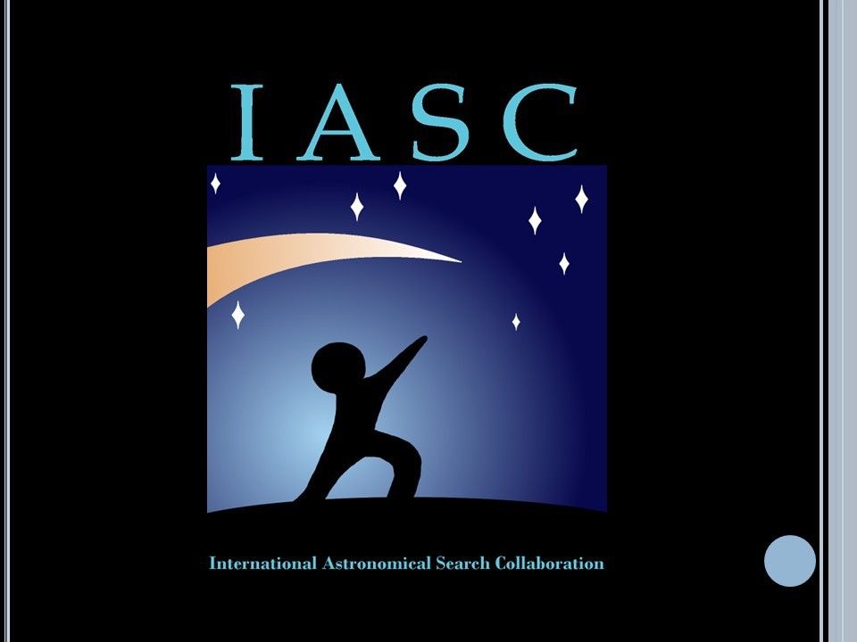 Blue box on black background with silouette of person pointing to the sky. Sky has yellow shooting star and diamond stars. Text IASC above the blue square and text reading International Astronomical Search Collaboration below the image