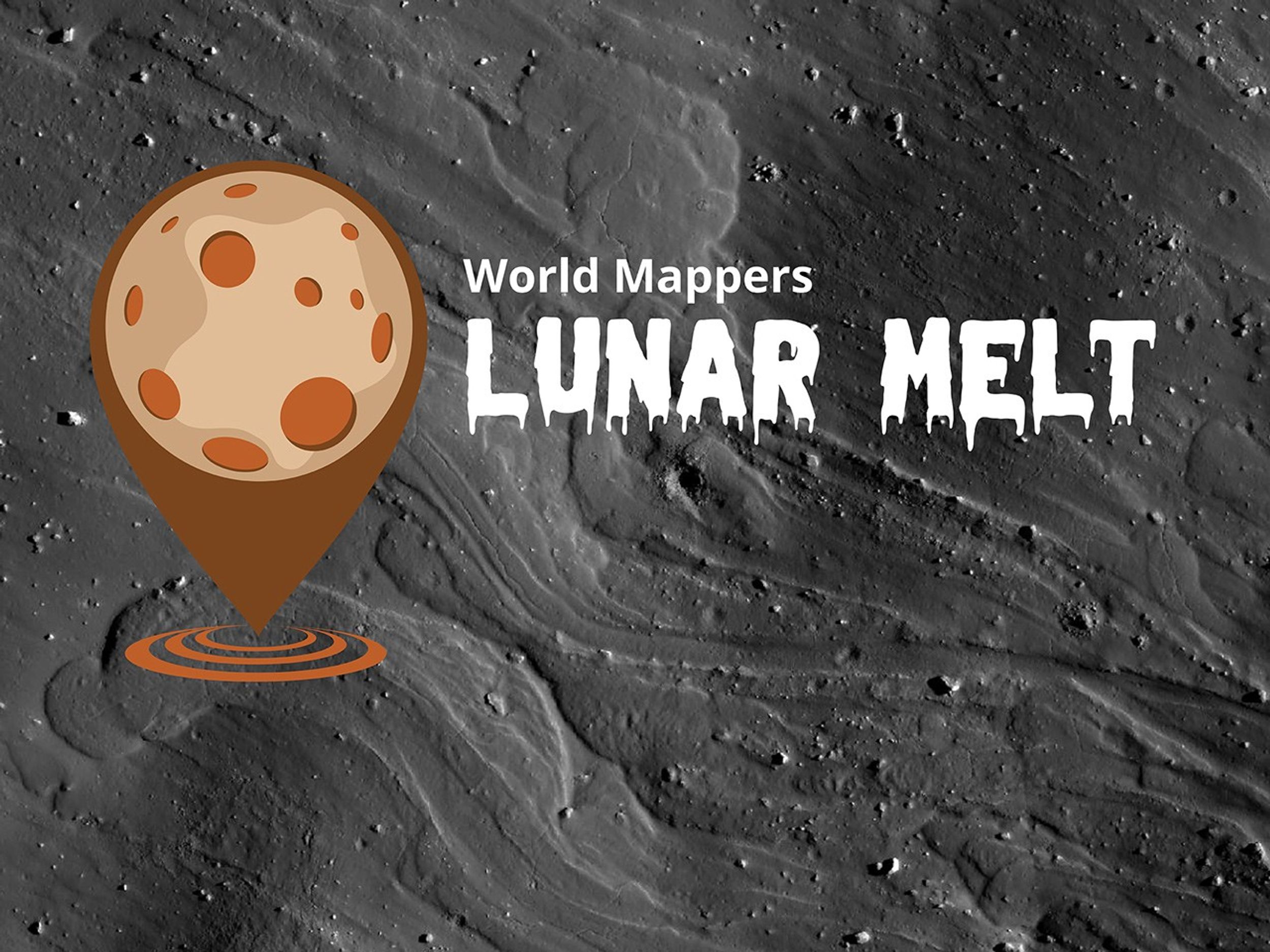 Graphic with a textured lunar surface background, featuring a cartoon-style map pin shaped like the Moon and the text ‘World Mappers Lunar Melt’ in bold white lettering.