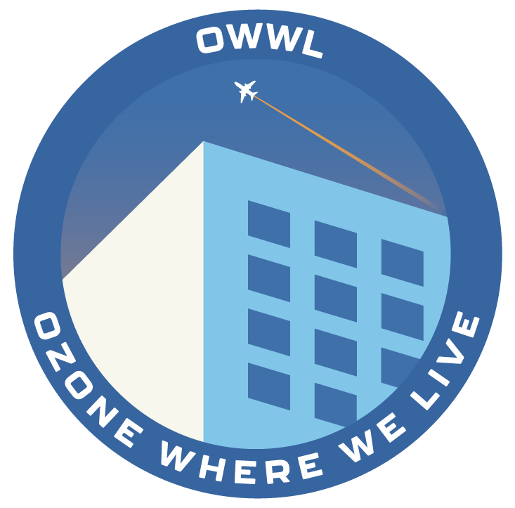 The Ozone Where We Live project logo, which shows a sunlit multi-story building with a small aircraft flying over it leaving a yellow contrail in a blue sky. In white letters on a blue field circling the image are the words “OWWL Ozone Where We Live.”