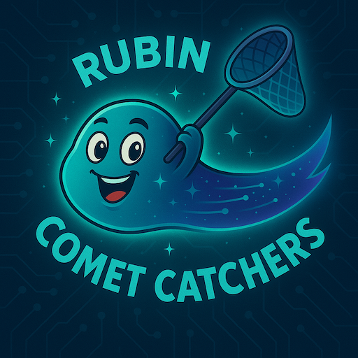 A graphic showing a cartoon comet that has a smile on its face and is holding a net attached to a stick. The text Rubin Comet Catchers is displayed around the cartoon.