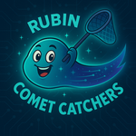A smiling cartoon of a comet is carrying a simple round net as it flies right to left across the image. This blue blob-with-a-tail character is glowing teal. Stars are visible through its tail and all around. Above and below our friendly comet are the words Rubin Comet Catchers in the same teal. In the dark blue field is a fine filigree of lines and nodes, suggestive of a computer network.