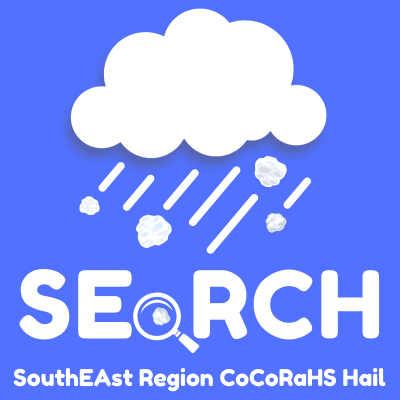 The SEaRCH project logo. A fluffy white cartoon cloud floats on a periwinkle blue background. Streaks of precipitation shown in white stripes and lumpy balls of snow fall at a sharp angle from this cloud onto the word SEaRCH in all capitals. The “a” has been replaced by a magnifying glass.In even small white letters are the words SouthEAst Region CoCoRaHS Hail