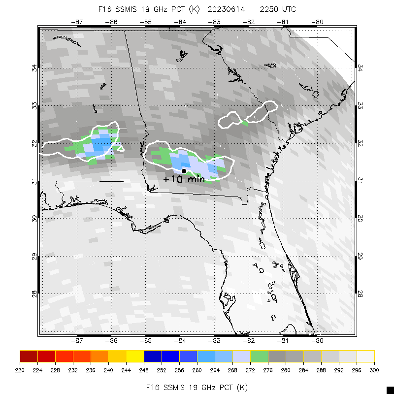 A simple black and map showing portions of Florida, Alabama, Georgia, and South Carolina is overlain with rectangular pixels color-coded to data ranges. Two small colored patches—ranging from green to blue and outlined in white, one in southern Alabama, the second in southern Georgia—stand out against the range of greys that covers the rest of the map. There’s a black dot on the edge of the color block in Georgia, accompanied by text reading “+ 10 min.”