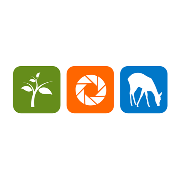 Snapshot Wisconsin logo: Three round-corner squares represent the work of Snapshot Wisconsin. On the left is a green square with a white cartoon of a branching plant with leaves. In the center orange square is a white graphic of a camera lens. The right blue square shows a white graphic of a grazing deer.