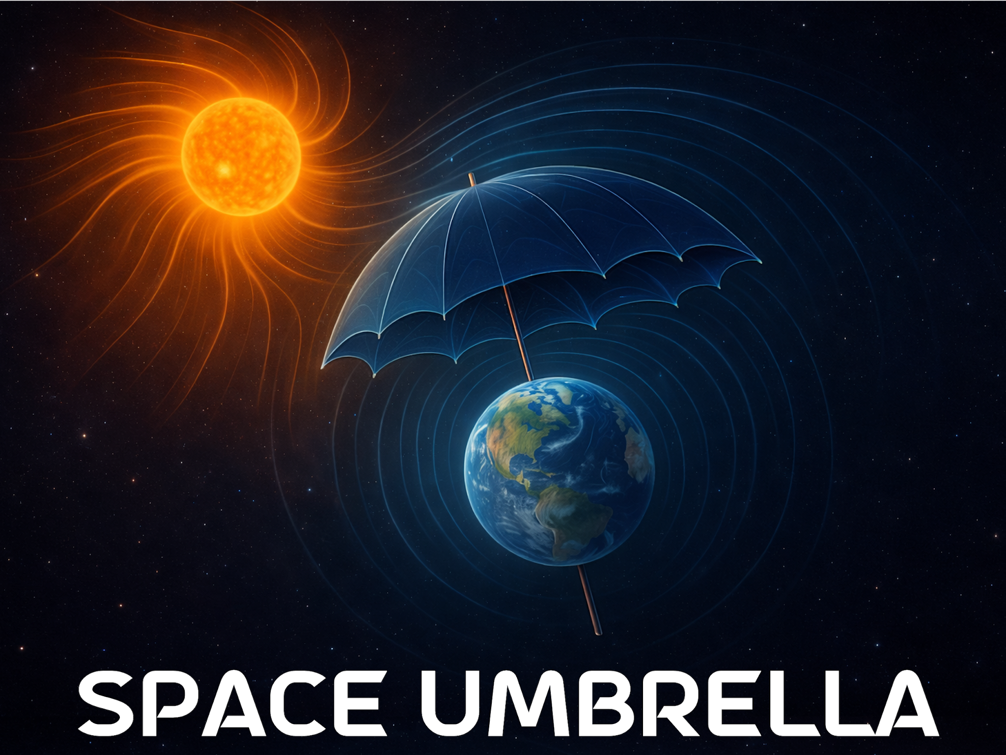 Space Umbrella logo. The image shows a cartoon Sun and Earth against a backdrop of dark space. Orange lines representing charged particles extend out from the surface of the Sun. An umbrella is sticking out of the top of the Earth, deflecting the orange lines from the Sun, but not the light. The side of the Earth nearest the Sun is lit, with visible continents and ocean and clouds, while the far side is dark.