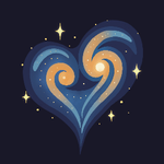 Tidal Tales logo. A cartoon depicts two galaxies with opposite rotations merging together against a backdrop of black space. Each galaxy has a "tidal tail" or extended arm of material sweeping away from its nucleus. These two tails are crossing below the nuclei of the galaxies such that the whole configuration resembles a Valentine heart.
