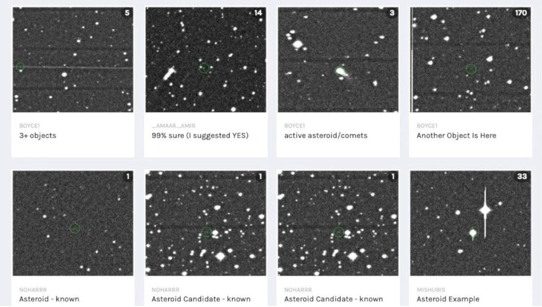 Grid of black-and-white telescope images showing star fields with green circles marking potential asteroids or comets, labeled with user annotations such as “Asteroid Candidate – known” and “active asteroid/comets.”