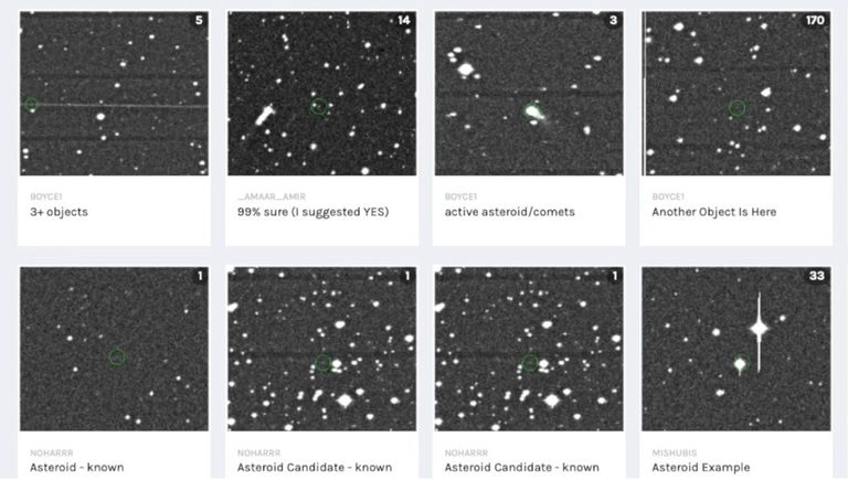 Grid of black-and-white telescope images showing star fields with green circles marking potential asteroids or comets, labeled with user annotations such as “Asteroid Candidate – known” and “active asteroid/comets.”