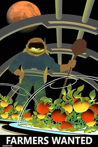 Illustration of an astronaut standing in a greenhouse on Mars with crops growing under domes, holding a farming tool. Text at bottom reads 'Farmers Wanted.