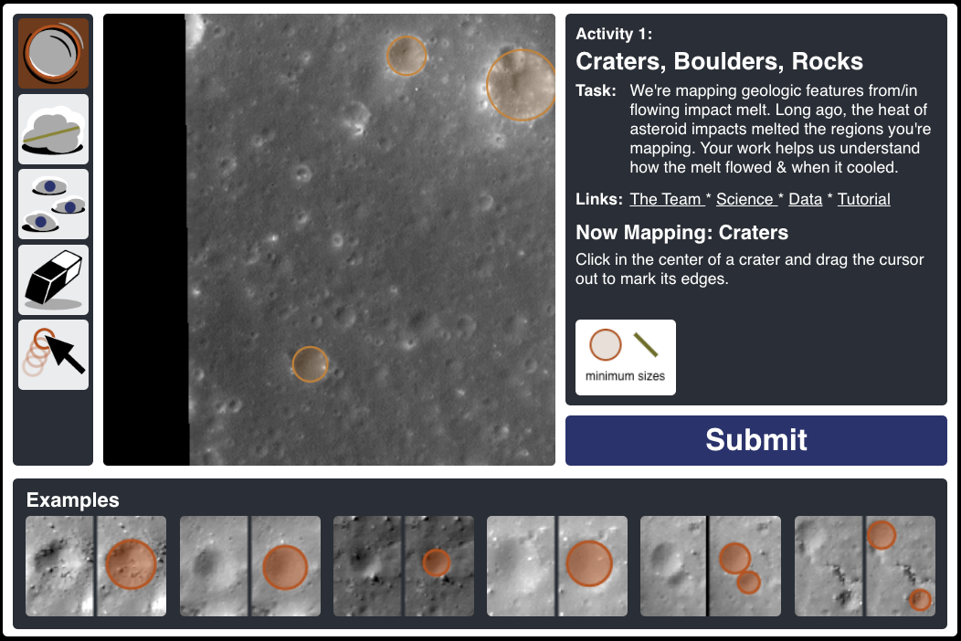 The Lunar Melt project interface has mapping tools on the left (from top to bottom these are, crater mapping tool, boulder measuring tool boulder marking tool, eraser, and move tool), directions on the right, and an image of the Moon’s surface to be marked up in the middle. Along the bottom are pairs of close-up images of craters, showing what each looks like before and after the crater mapping tool has been used to mark the craters. The marked images show orange circles on the craters.