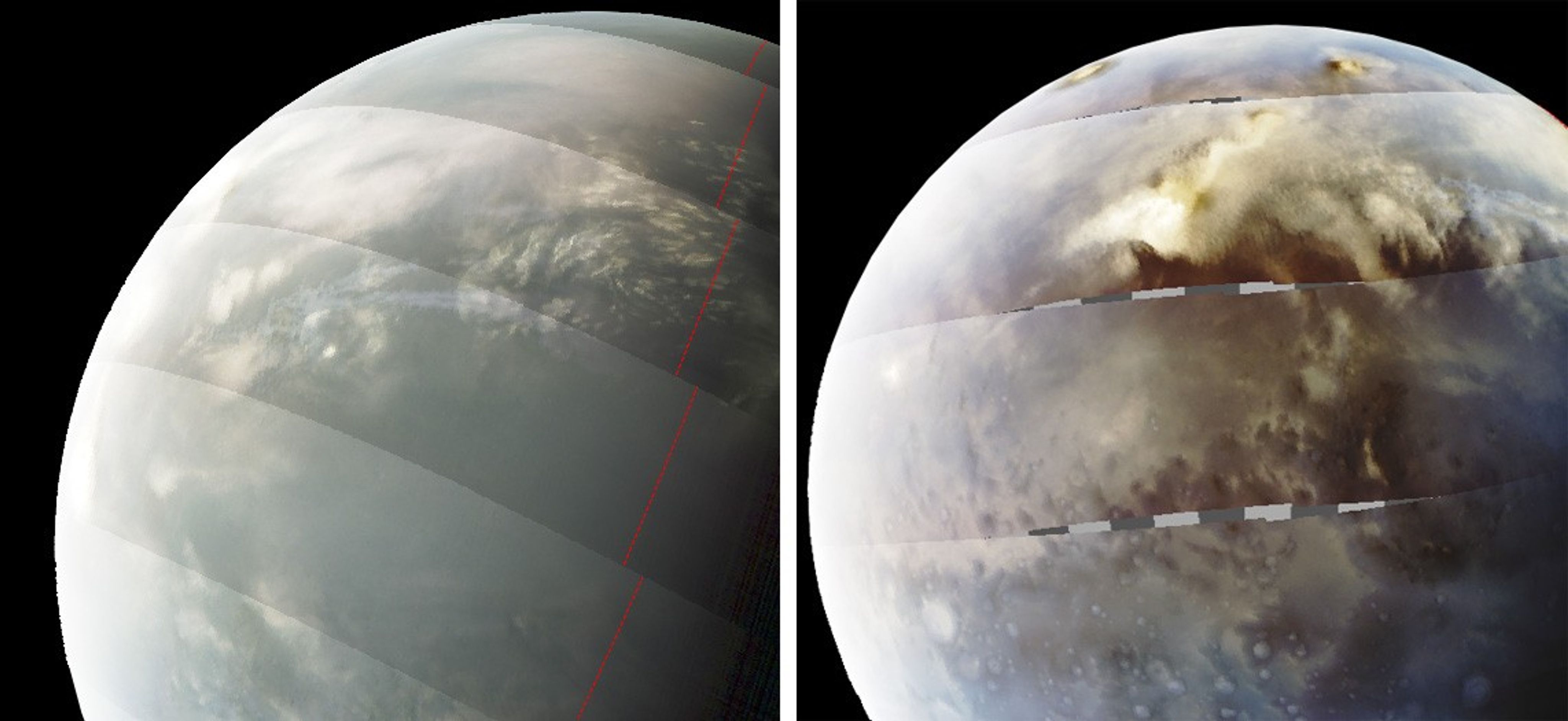 Left image captures the upper left limb of Mars with black space beyond. The Martian atmosphere appears in grey-blues with irregular, fuzzy white shapes reminiscent of clouds seen on Earth. Right image also shows the same upper left limb, with Mars nearly filling the frame. The cratered surface of Mars is visible through a haze of atmosphere and clouds.