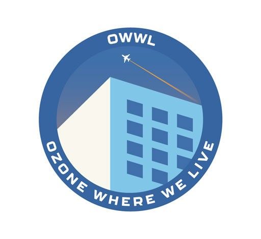 The Ozone Where We Live project logo, which shows a sunlit multi-story building with a small aircraft flying over it leaving a yellow contrail in a blue sky. In white letters on a blue field circling the image are the words “OWWL Ozone Where We Live.”