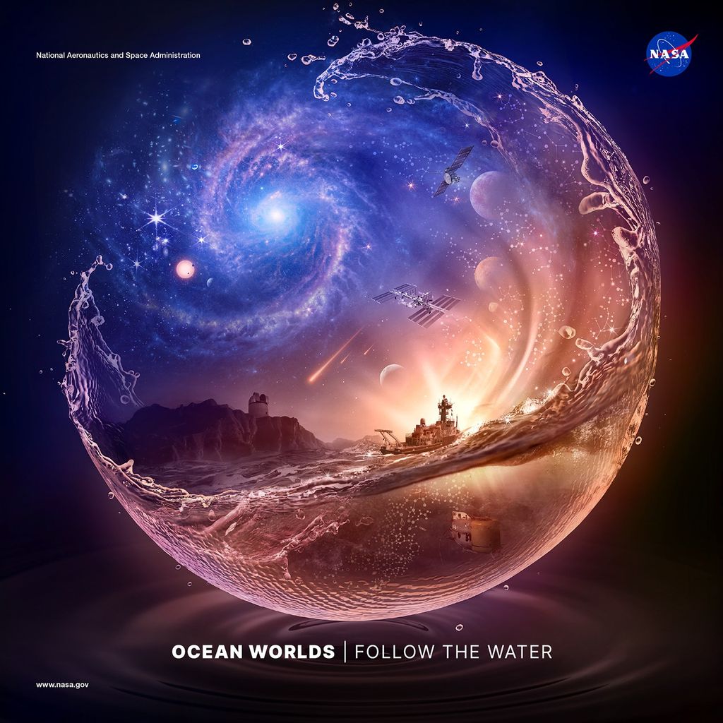 An illustration of an ocean wave framed inside a droplet of water in sunset colors of pinks, blues, and purples. The wave sweeps around to the right, following the motion of luminescent pink, golden auroras on the horizon. The auroras and water curve upward through the sky, meeting up with a large bluish/purplish spiral galaxy in the upper left. On the far side of the galaxy is an exoplanet system and distant deep field galaxies. On the auroral path is Earth’s Moon, the asteroid Bennu, Mars, and Europa - all bodies in our solar system where water has been found. Above the horizon, the international space station hovers in the sky, while the Europa Clipper mission hovers near Jupiter’s icy moon. Molecular structures drift up from the ocean’s depths, becoming constellations once they reach the sky. They follow the auroras and cresting water upward toward the galaxy, connecting life to the stars. A few meteors streak across the middle sky. Backlit by the setting sun, a NASA-funded research vessel sails in the foreground. Below the water’s surface, the vessel’s submersible explores the ocean’s depths. A ground-based observatory perches on a cliff on the horizon.
