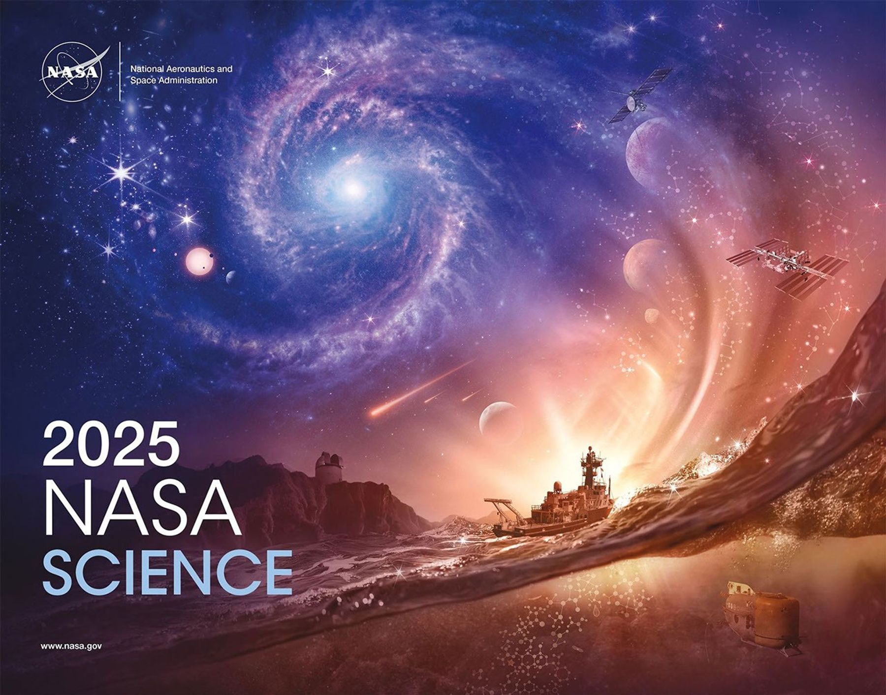 This illustration depicts a cutaway of an ocean wave in sunset colors of pinks, blues, and purples. The wave sweeps up to the right, following the motion of luminescent pink, golden auroras on the horizon. The auroras curve upward through the sky, meeting up with a large bluish/purplish spiral galaxy in the upper left. On the far side of the galaxy is an exoplanet system and distant deep field galaxies. On the auroral path is Earth�s Moon, the asteroid Bennu, Mars, and Europa - all bodies in our solar system where water has been found. Above the horizon, the international space station hovers in the sky, while the Europa Clipper mission hovers near Jupiter�s icy moon. Molecular structures drift up from the ocean�s depths, becoming constellations once they reach the sky. They follow the auroras upward toward the galaxy, connecting life to the stars. A few meteors streak across the middle sky. Backlit by the setting sun, a NASA-funded research vessel sails in the foreground. Below the ocean surface, the vessel�s submersible explores the ocean�s depths. A ground-based observatory perches on a cliff on the horizon.