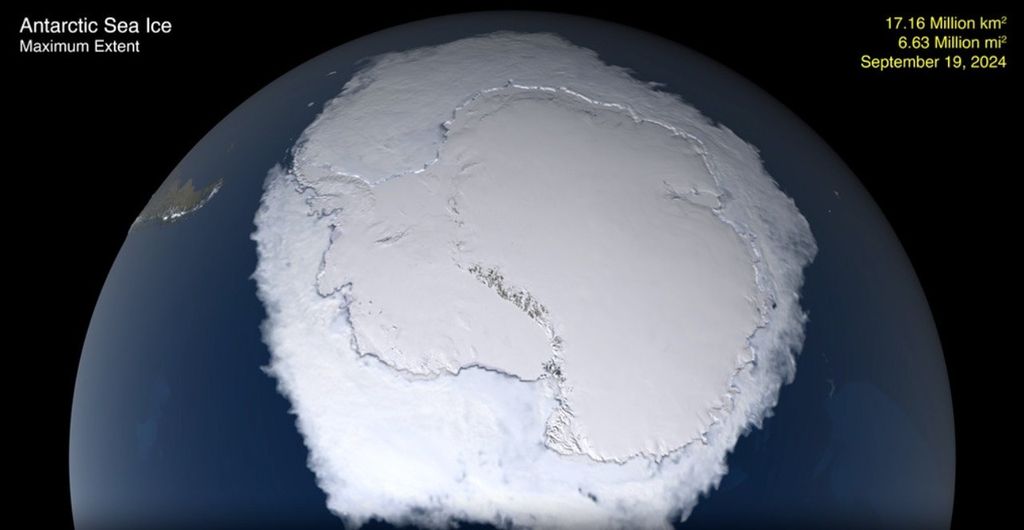 Satellite view of Antarctic sea ice maximum extent on September 19, 2024, measuring 17.16 million square kilometers (6.63 million square miles).