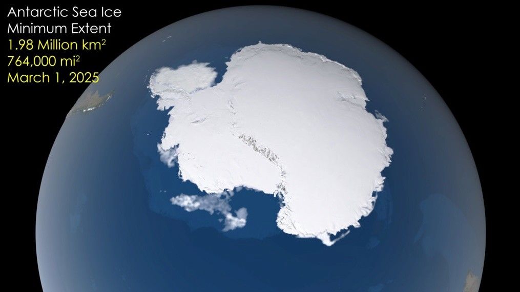 Satellite view of Antarctic sea ice minimum extent on March 1, 2025, measuring 1.98 million square kilometers (764,000 square miles).
