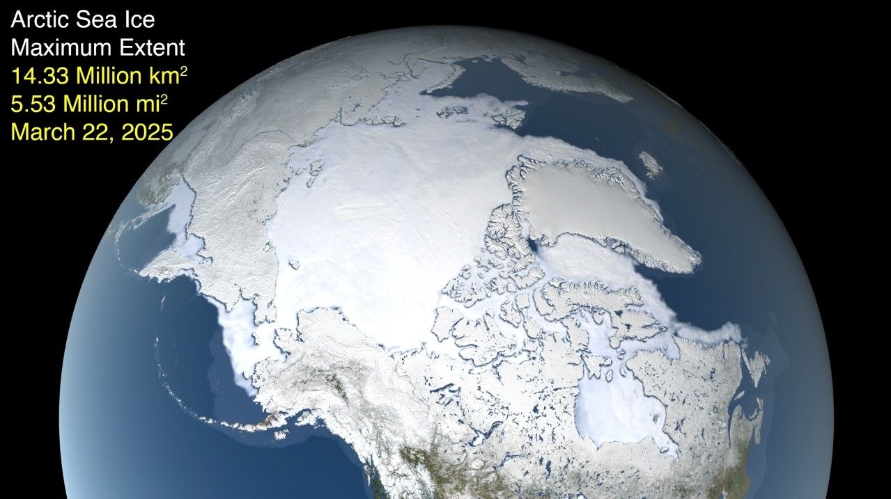 Satellite view of Arctic sea ice maximum extent on March 22, 2025, covering 14.33 million square kilometers (5.53 million square miles).
