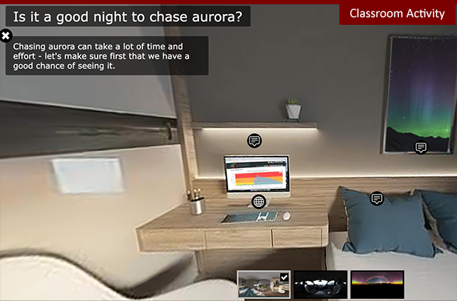 Screenshot of an educational interface titled 'Is it a good night to chase aurora?' in a classroom activity setting. The scene shows a modern desk setup with a computer displaying aurora data, a notebook, and a plant. A framed aurora image hangs on the wall above the bed. Interactive icons are present, suggesting engagement opportunities to learn about aurora chasing conditions.