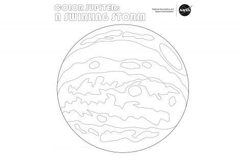 Black and white outline drawing of Jupiter with swirling storm patterns, designed as a coloring page. Title at top reads ‘Color Jupiter: A Swirling Storm’ with NASA logo in the corner.