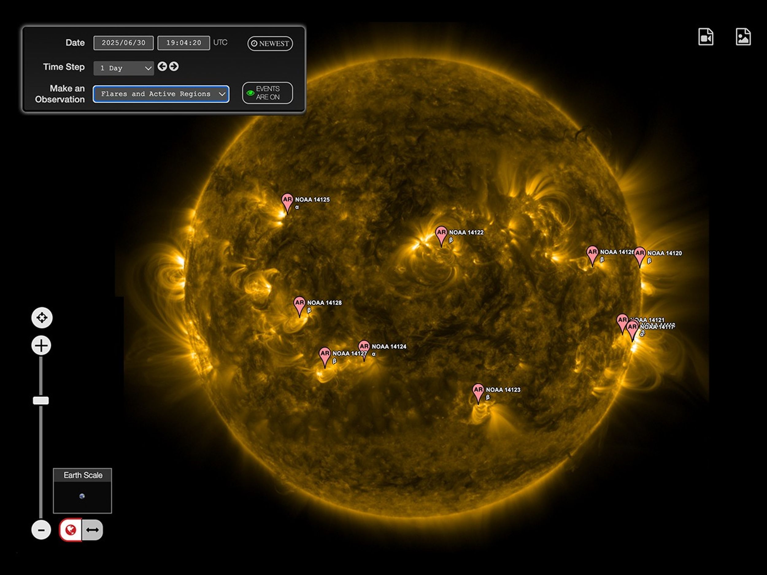 Image of the Sun from the Student Helioviewer interface showing active regions labeled with NOAA numbers. The Sun appears in yellow ultraviolet light with swirling magnetic loops, and an Earth scale icon for size comparison is shown in the corner. A data panel at the top displays date, time, and observation settings.