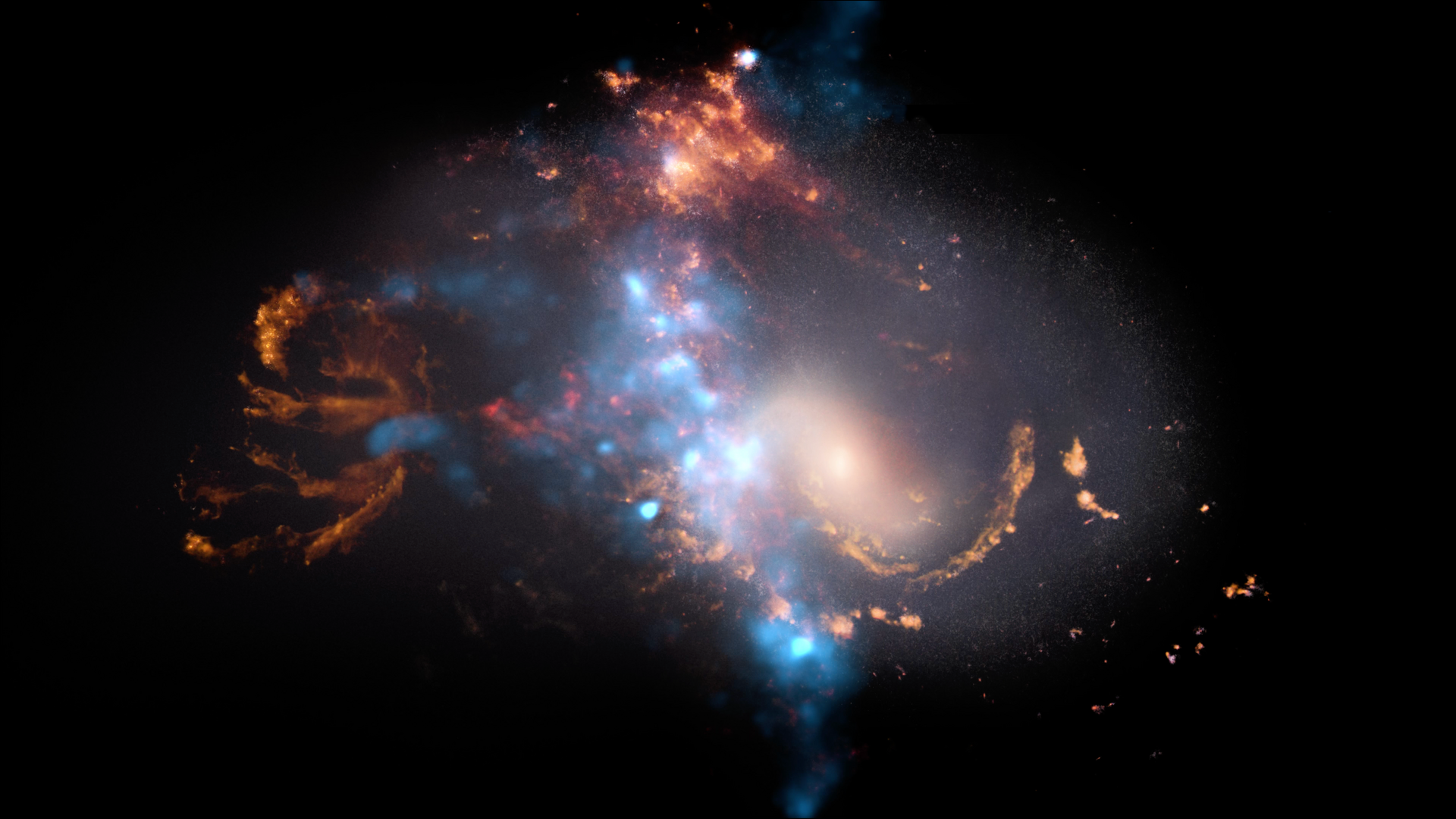 Composite image of the galaxy NGC 5728 showing glowing clouds of gas and dust in orange, blue, and white, highlighting energetic regions around its active core.