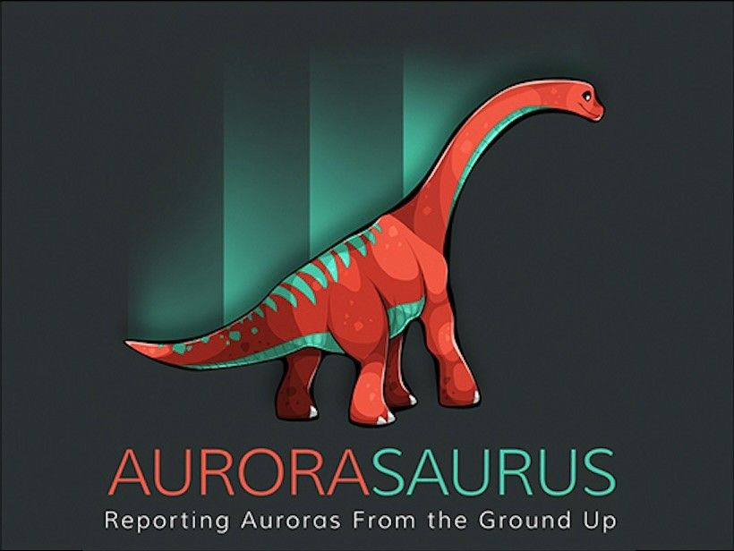 Logo for the citizen science project 'Aurorasaurus,' featuring a dinosaur with aurora-inspired green highlights and the tagline 'Reporting Auroras From the Ground Up.