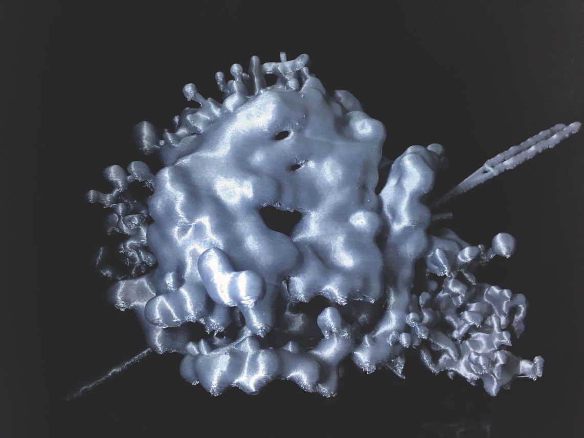 3D-printed model of the Cassiopeia A supernova remnant, showing an irregular, cloud-like structure with bulbous extensions, displayed against a black background.