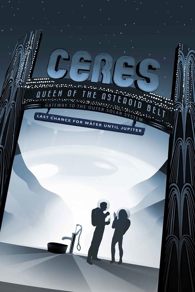 Futuristic travel poster for Ceres, titled 'Queen of the Asteroid Belt,' featuring an art deco-style gateway with the phrase 'Last chance for water until Jupiter.' Silhouetted astronauts stand near a water pump against a cratered landscape under a starry sky.