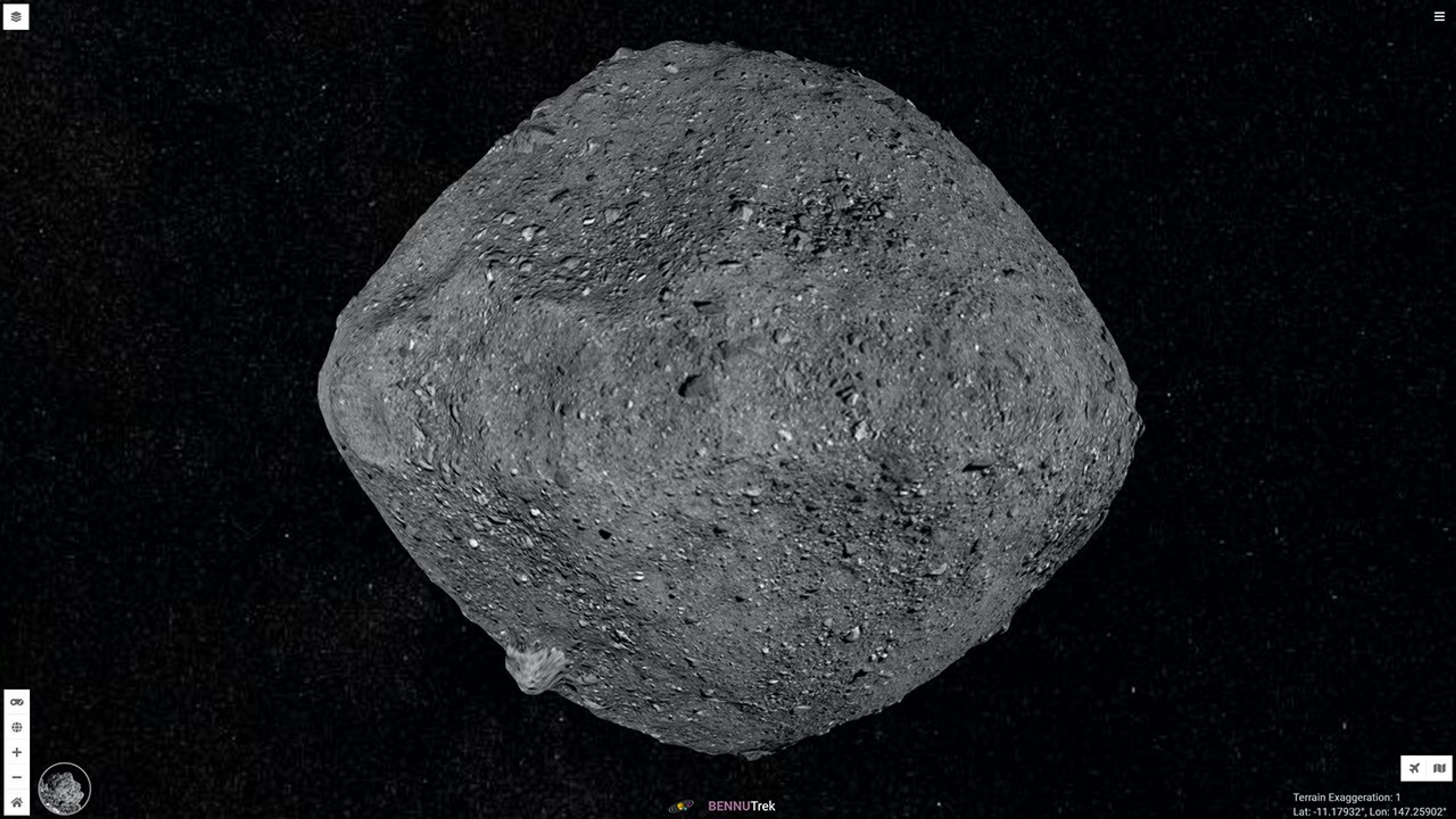 Imagen de alta resolución del asteroide Bennu, un cuerpo celeste rocoso de forma irregular cubierto de cantos rodados, captada contra la negrura del espacio.