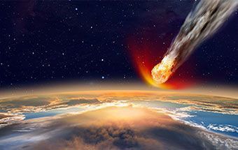 Illustration of a large, fiery asteroid entering Earth's atmosphere, glowing as it descends toward the planet with a trail of smoke and fire against a starry sky.