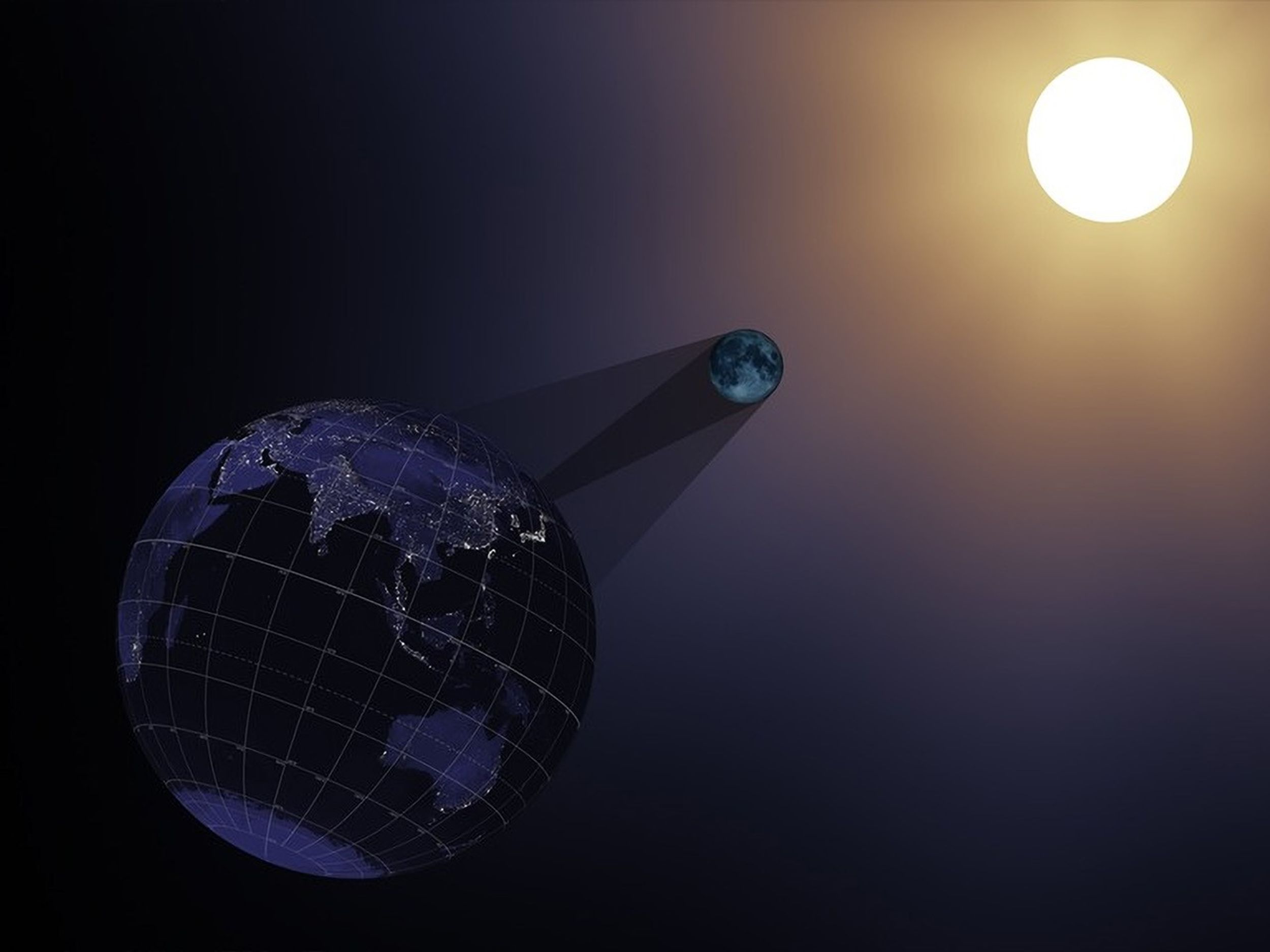 Diagram showing the Earth, Moon, and Sun alignment during a solar eclipse, with the Moon casting a shadow on Earth..