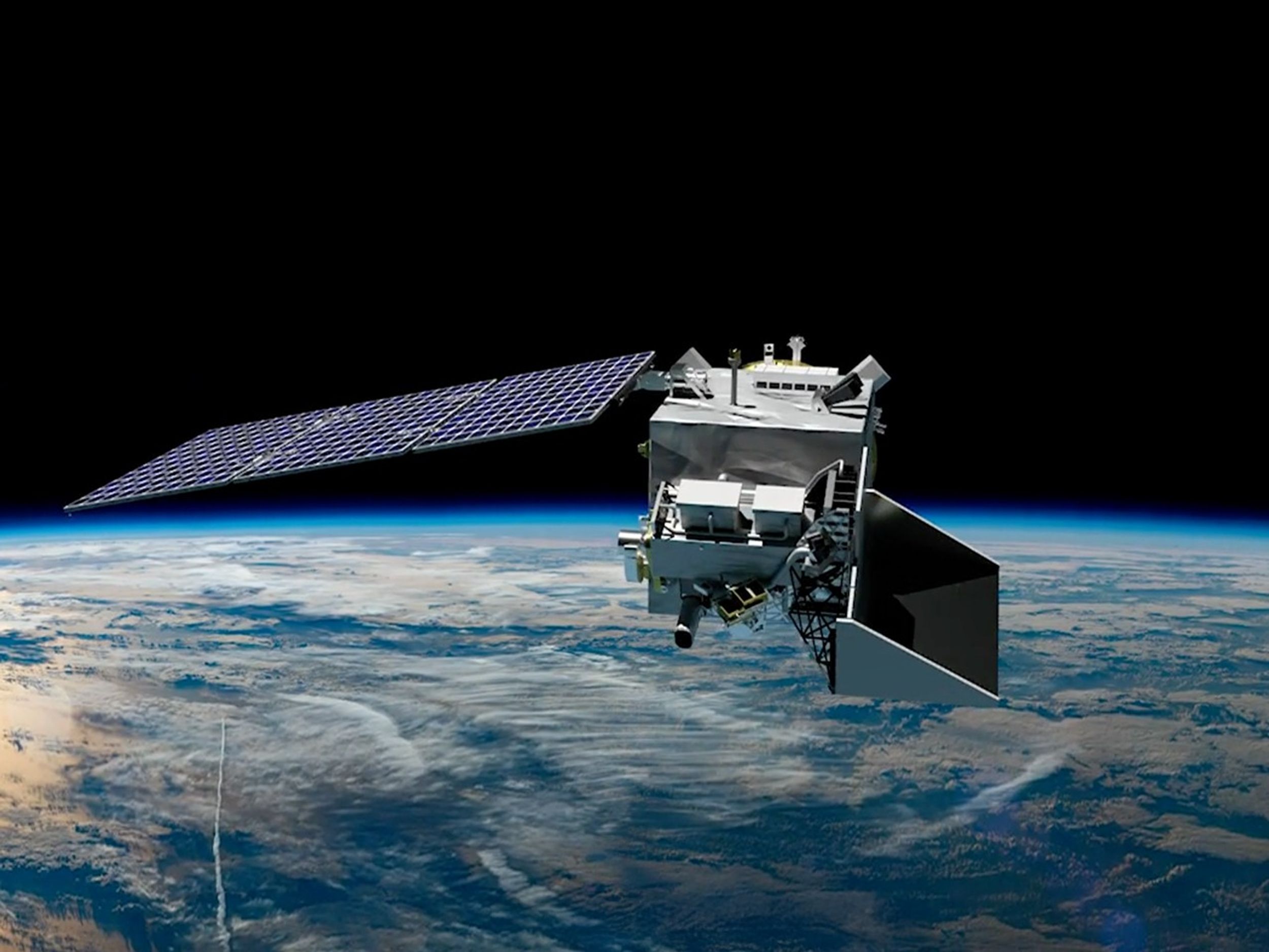 Illustration of a NASA satellite with solar panels orbiting above Earth, capturing atmospheric and ocean data with the planet’s curvature and cloud patterns visible below.