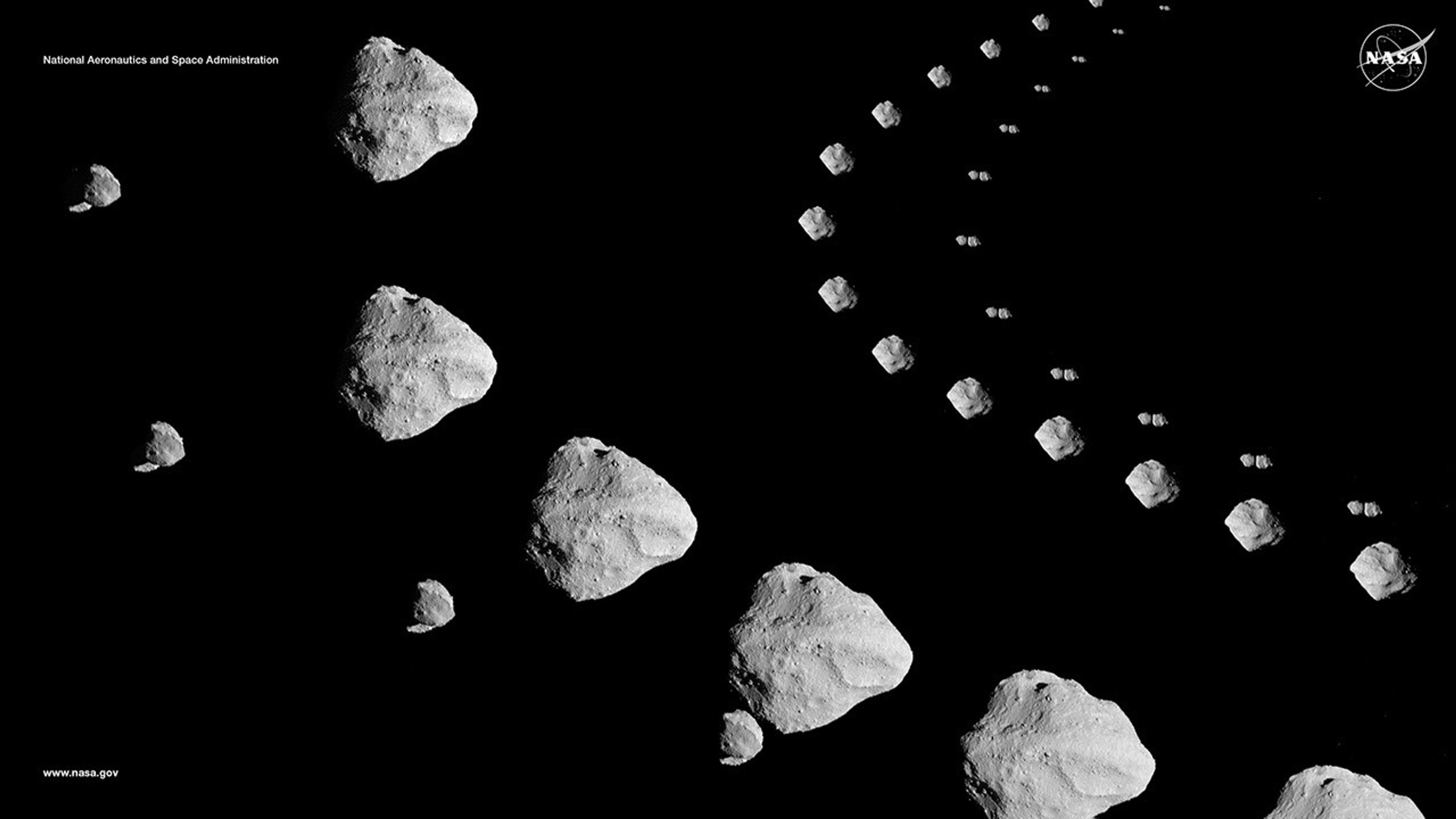 Imagen digital de la NASA que muestra una secuencia de asteroides dispuestos en una trayectoria curva sobre un fondo negro. El logotipo de la NASA aparece en la esquina superior derecha. 