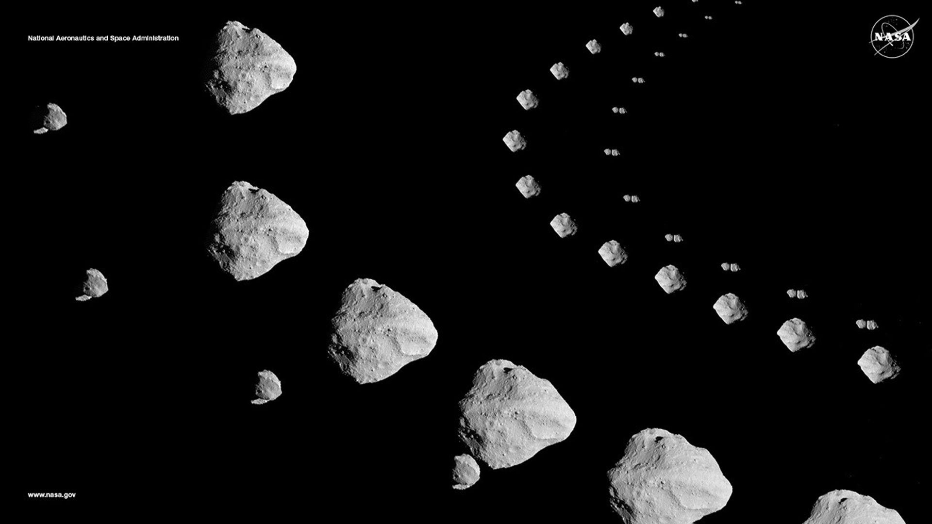 A digital NASA image depicting a sequence of asteroids arranged in a curved trajectory against a black background. The NASA logo appears in the upper right corner, and the text 'National Aeronautics and Space Administration' is visible in the upper left. The bottom left corner includes the URL 'www.nasa.gov.'